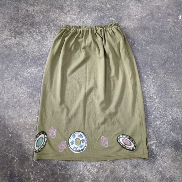 Vintage Blue Fish Skirt Green Hand Printed Wheels Cottage Summer Beach Waist 26 - Picture 1 of 8